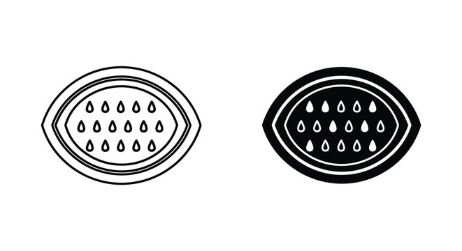 Watermelon slice icon set with seeds in minimalist outline and solid black silhouette for summer fruit and refreshing snack branding and graphic design elements for food market and store materials