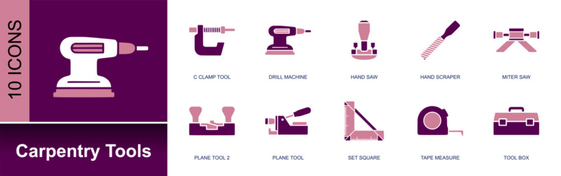 Carpentry tools icon set. Containing C clamp tool, drill machine, hand saw, hand scraper, miter saw, plane tool, set square, tape measure, tool box and more. Solid fill vector icons.