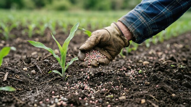 Farmer hand in glove applying granulated fertilizer to young corn seedling. Agricultural worker fertilizing soil in field. Modern crop nutrition, cultivation and vegetable farming concept.