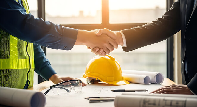 Handshake Between Construction Worker And Businessperson Over Architectural Plans agreement collaboration