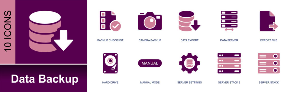 Data backup icon set. Containing backup list, camera backup, data export, data server, export file, hard drive, manual mode, server settings, server stack and more. Solid fill vector icons.