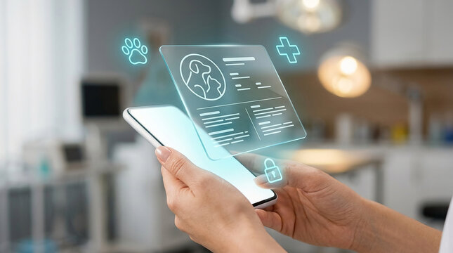 Futuristic mobile technology provides advanced holographic pet health data, optimizing digital veterinary care and animal well-being in a modern clinic