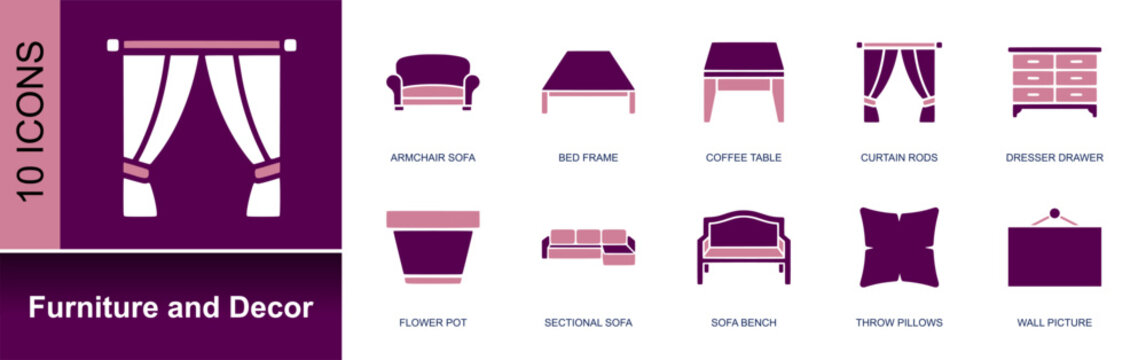 Furniture and decor icon set. Containing armchair, bed frame, coffee table, curtain rods, dresser, flower pot, sectional sofa, throw pillow, wall picture and more. Solid fill vector icons.