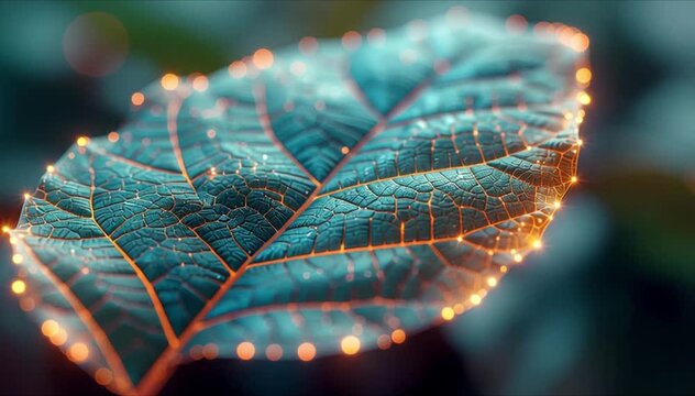 Organic Bio-Digital Leaf with Glowing Neural Network Patterns (AI Generated)