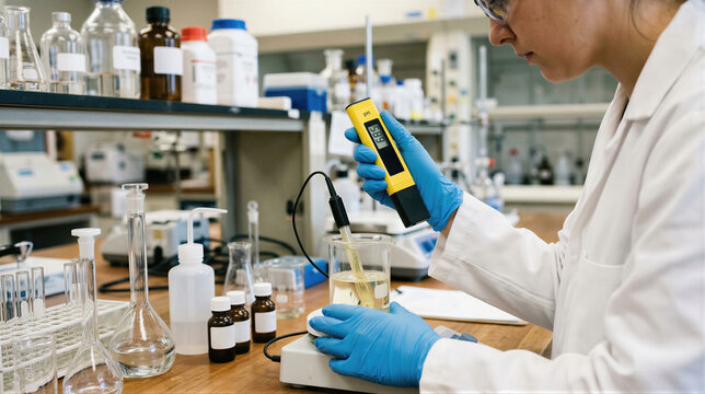 Scientist woman checking ph balance of liquid sample in agriculture research laboratory. Modern farming technology, chemical analysis of fertilizer for crop cultivation and soil testing.