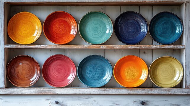 Colorful ceramic bowls arranged on wooden shelf.