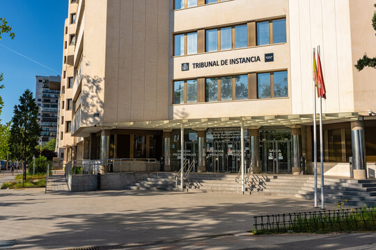 Madrid, Spain, April 19, 2026: Main entrance to the courts or tribunals of instance of the community of Madrid, Spain.
