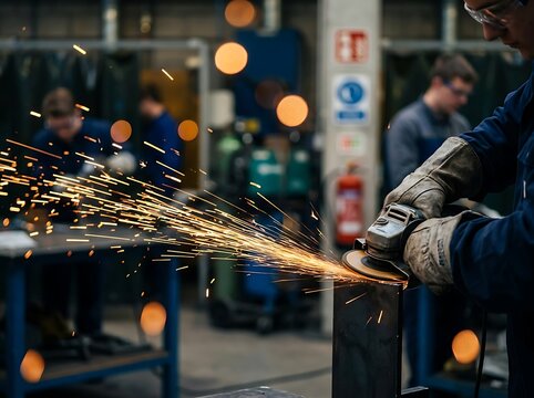 Worker grinding metal creating bright orange sparks in workshop industry