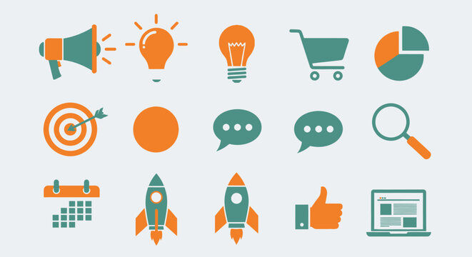 Set of Modern Marketing and Business Flat Design Icons Including Megaphone, Lightbulb, and Rocket on a Bright Studio Background