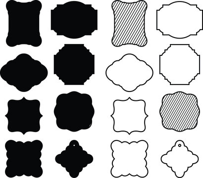 Set of vintage ornamental frames, various retro black silhouette labels and decorative shapes.