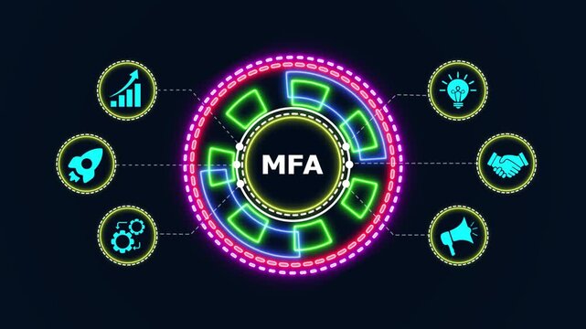 Dynamic digital animation of glowing neon circles and icons representing business growth and strategy.