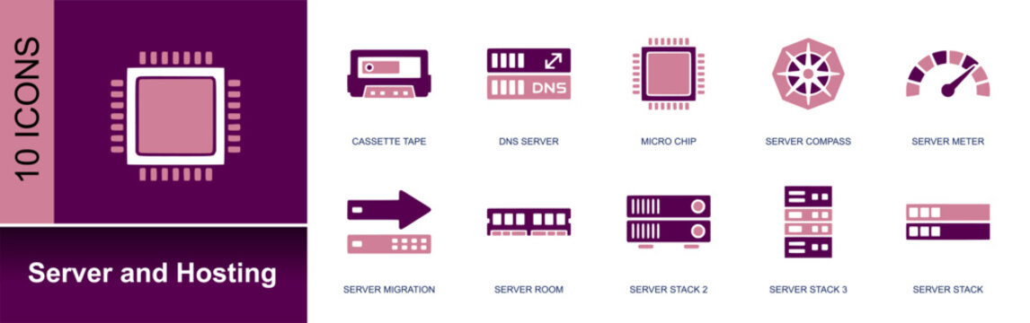 Server and hosting icon set. Containing cassette tape, DNS server, microchip, compass, meter, server migration, server room, server stack, cloud hosting and more. Solid fill vector icons.