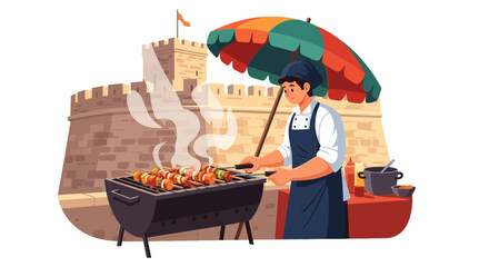 Obraz premium Street food chef grilling skewers in front of a historical castle