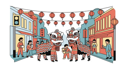 Fototapeta premium Chinese New Year Street Festival with Lion Dance Illustration