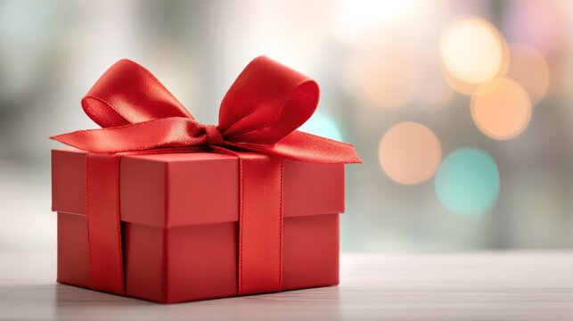 Red gift box with ribbon on table