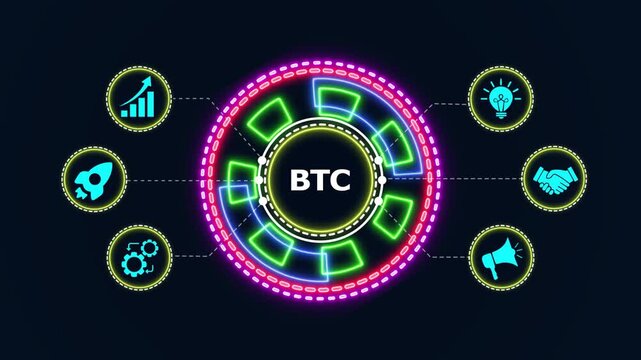 Bitcoin digital financial concept with neon glowing circular interface animation for cryptocurrency data.