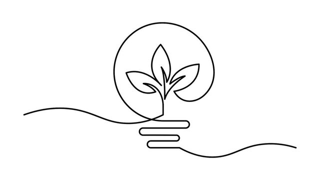 Single line plant in light bulb animation continuous line art eco idea growth concept 4K