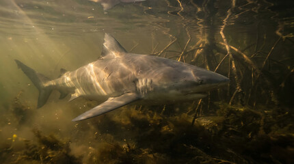 Fototapeta premium A powerful bull shark swims majestically through an estuary's murky, sunlit waters, showcasing its natural predatory grace.