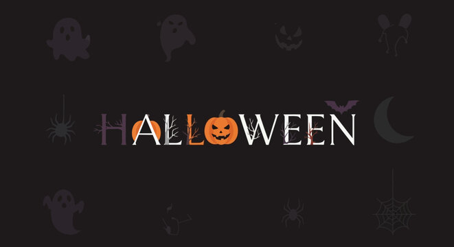 Halloween theme with spooky decorations and jack-o-lantern on black background with ghosts