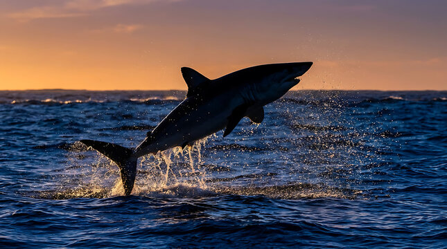 Dramatic Mako Shark Leaping From Ocean Waves During a Vibrant Sunset