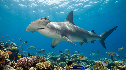Fototapeta premium Hammerhead Shark Gliding Gracefully Through a Vibrant Coral Reef Ecosystem Underwater