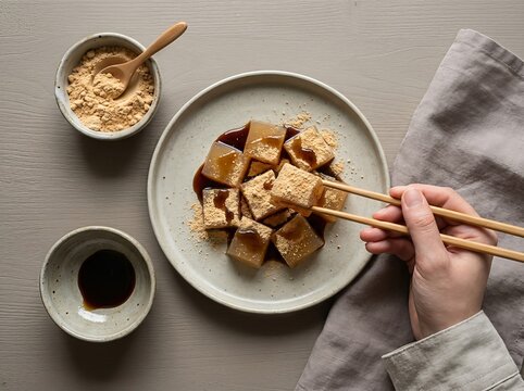 Traditional Japanese Warabi Mochi Dessert with Kinako and Kuromitsu.