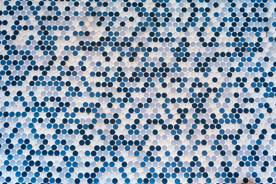 Blue and white penny round mosaic tile pattern abstract background texture