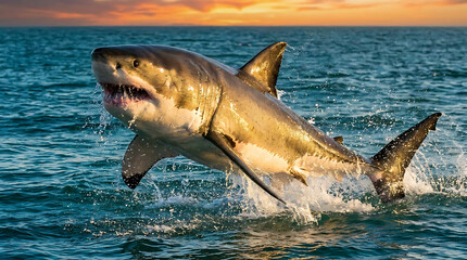 Fototapeta premium Great White Shark Breaching Ocean Waters at Sunset