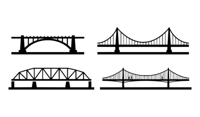 Fototapeta premium Minimal bridge icon set with arch suspension truss and pedestrian designs vector illustration isolated on white background
