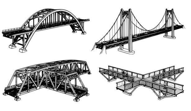 Detailed bridge types set with arch suspension truss and pedestrian structures vector illustration isolated on white background