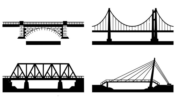 Bridge design set with arch suspension truss and pedestrian bridges flat vector illustration isolated on white background