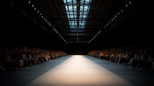 Fashion show catwalk runway event during fashion week, wide angle runway photography concept, with copy space