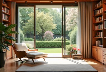 Fototapeta premium spacious library room with garden view
