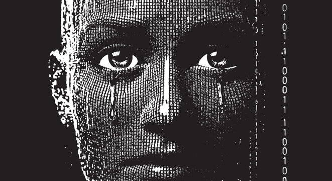 Face portrait composed of binary code digital illustration in black and white