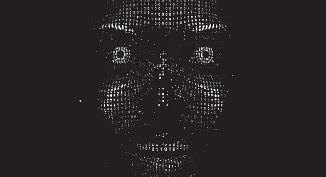 face composed of binary code digital portrait in white on black