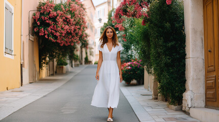 Fototapeta premium Attractive woman walking on a vacation street in a white summer fashion dress, travel and fashion lifestyle concept, with copy space