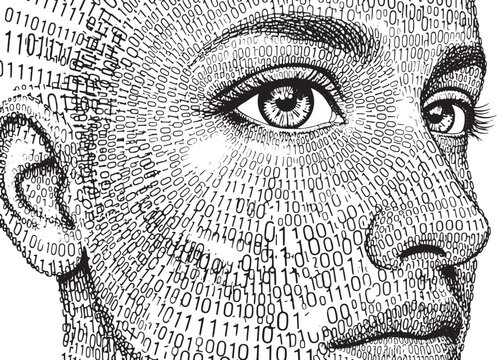 Face portrait composed of binary code detailed black and white illustration