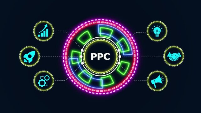 Digital marketing concept PPC pay per click advertising analytics and growth with futuristic neon graphics.