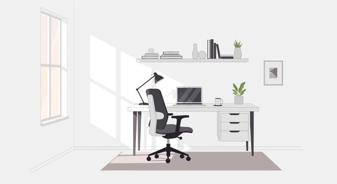 Modern Home Office Desk Setup with Laptop, Lamp, and Chair, Sunlight Through Window