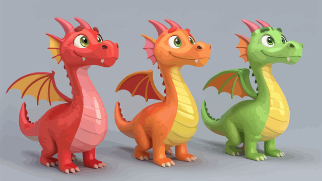Set of three cute cartoon dragons in red, orange, and green colors, friendly fantasy creatures with wings and horns, isolated vector illustration