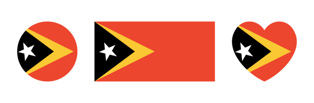 East Timor flag badge, sticker set. Flag of East Timor circle, rectangle, heart flat icon, button. Rectangular, round, heart national flag of East Timor banner, background.
