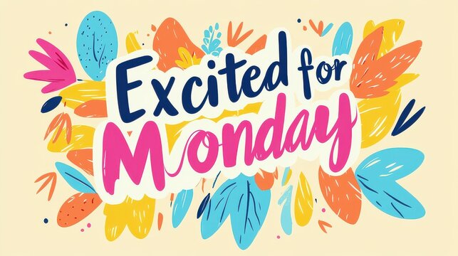 Colorful hand-lettered "Excited for Monday" quote with abstract floral design.
