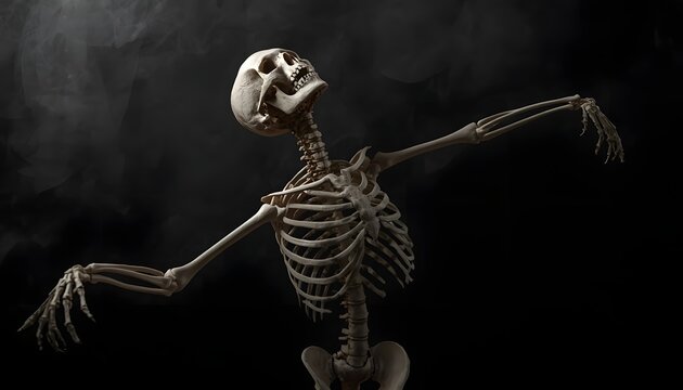 Dancing Skeleton with Arms Outstretched Against a Dramatic Dark Background