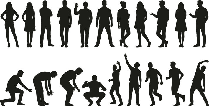 People, silhouettes, set, group, male, female, character, standing, waving, talking, exercise, running, stretching, lifestyle, activity, collection, isolated, white, background, vector