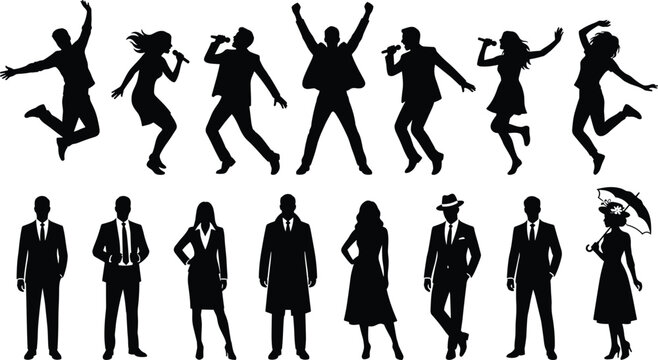 People, silhouettes, set, collection, standing, business, singing, jumping, celebration, success, fashion, umbrella, character, isolated, white, background, vector, illustration, formal, professional