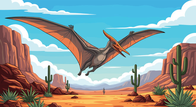 Prehistoric pterodactyl flying over a desert landscape with deep canyons, cacti, and a bright blue sky background.
