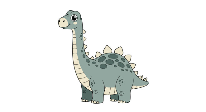 Cute cartoon dinosaur illustration with a long neck and green spots standing peacefully against a clean white background for kids.
