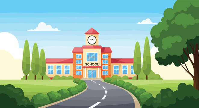 Beautiful school building illustration featuring a central clock tower and paved road surrounded by green grass and trees under a clear blue sky.