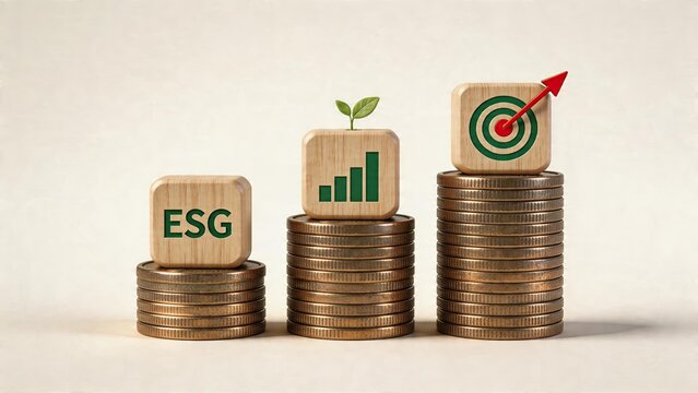 ESG investing sustainable business growth green finance success concept environmental social governance wooden blocks on stacks of coins with chart and arrow symbolizing profit