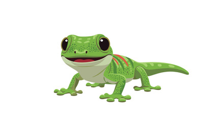 Obraz premium Bright green gecko with red stripes on its back smiling and looking forward with large dark eyes against a plain white background.